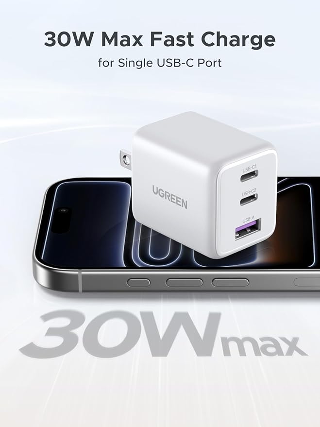 UGREEN 3-Port 30W USB C Charger, GaN II Compact iPhone Charger Fast Charging, Type C Power Adapter for iPhone 17/16/15 Series, Samsung Galaxy S25/24/23, iPad, White
