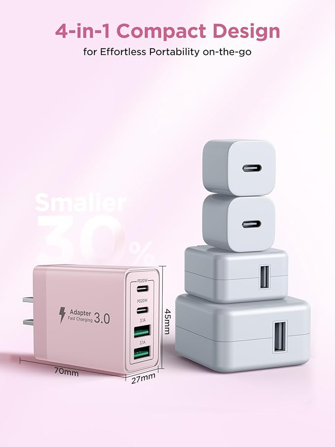 [2-Pack] USB C Charger Block, 4 in 1 USB C Wall Charger PD 3.0 40W Charging Blocks, QC 2A USB Wall Charger for iPhone 17 16 15 14 13 12 Pro Max, iPad, iPod