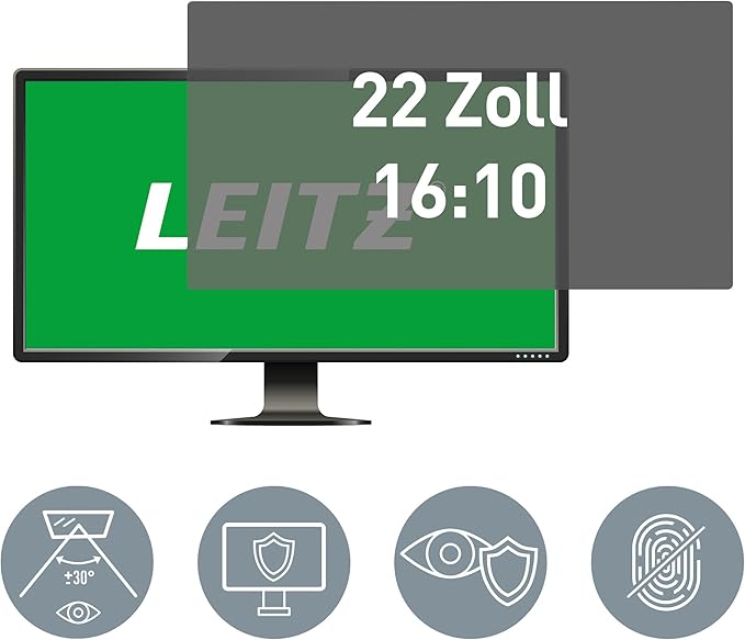 Leitz Monitor Privacy Filter 22 Inch (16:10), Removable Protective Film, with Blue Light Filter and Anti-Glare Protection, Can be Used on Both Sides, Touchscreen Compatible, Made in Germany, 69000000
