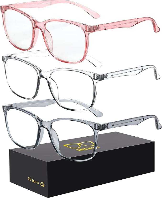 Oilway Blue-Light Blocking Glasses Computer Reading/Gaming/TV/Phones Glasses Fashion Anti Eyestrain Glasses for Women Men（D7 Gray + Transparent + Pink）