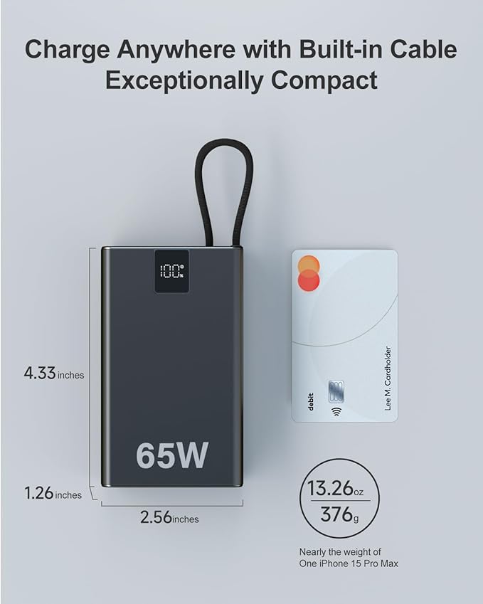 65W Power Bank 27000mAh TSA Approved, USB C Metal Laptop Charger Built-in Cable|Total 130W 3 Ports Fast Charging for MacBook,Steam Deck,iPad Pro|Airplane Safe Battery Pack for Travel,College Students