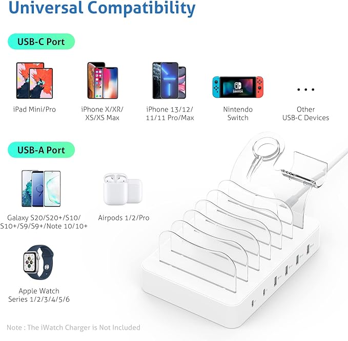 SooPii 6-Port USB C Charging Station for Multiple Devices,2 PD 20W Fast Charging for lPhone 15 and More,6 Charging Cables and 2in1 Holder for IWatch Charger & Air Pods Included