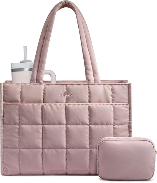 LOVEVOOK Tote Bag for Women, Puffer Work Handbag 15.6 Inch Laptop Purse for Nurse Teacher, Large Quilted Travel Tote Shoulder Bag with Zipper for College Office Clinical Gym, Pink