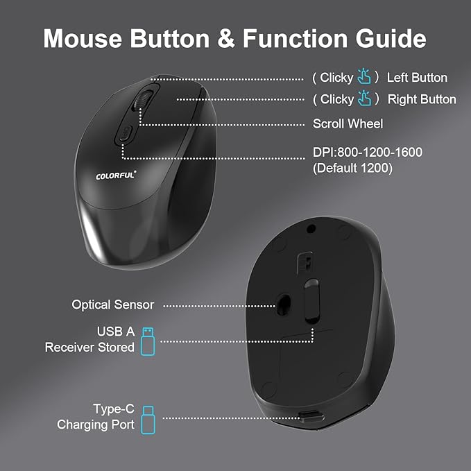 Colorful Wireless Mouse Rechargeable,Mouse for Chromebook,3-Device Pairing, 2.4G+Bluetooth 5.2 with USB Receiver,Type C Charging,for PC,Mac,Laptop,Kids Boys,Black