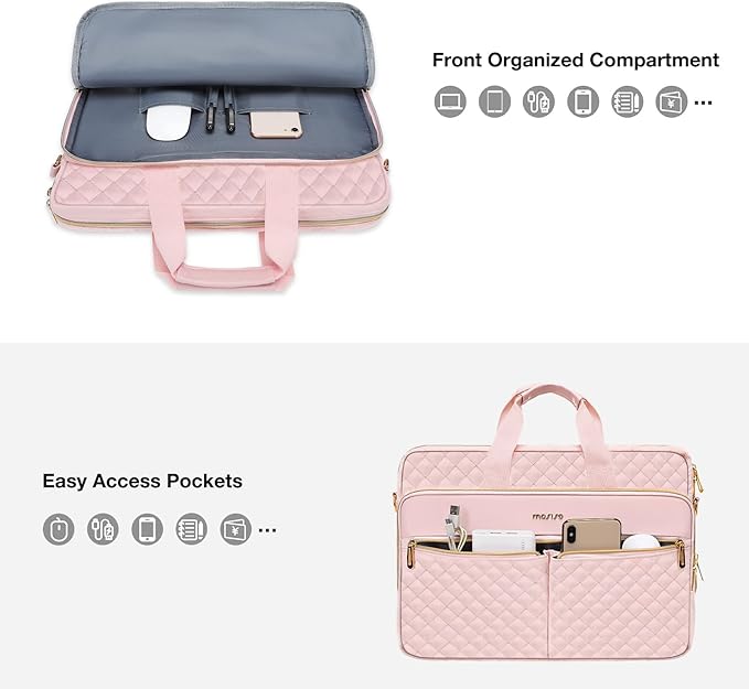 MOSISO 15-16 inch Laptop Bag, Laptop Briefcase Messenger Compatible with MacBook Pro 16/Air 15, HP, Dell, Lenovo, Square Quilted Computer Bag Work Office Business with 3 Pockets&Strap, Pink