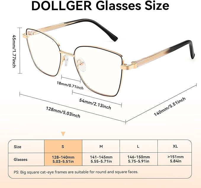 Dollger Blue Light Blocking Glasses for Women Trendy Oversized Computer Eyeglasses Cat Eye Metal Frame bluelight glasses Gold