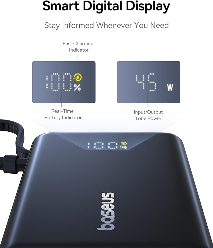 Baseus Power Bank, Picogo 10000mAh 45W 3-Output Portable Charger with Built-in USB-C Cable, PPS/PD QC Fast Charging External Battery Pack for iPhone 17/16/15/14/13, Samsung S25/S24, MacBook Pro, iPad