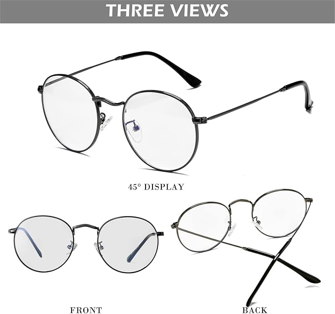 HJSTES Round Blue Light Glasses for Women Men Retro Circle Clear Lens Metal Frame Eyeglasses