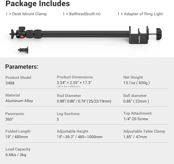 SmallRig Camera Desk Mount Table Stand, Adjustable Light Stand 15"-35", Tabletop C Clamp for DSLR Camera, Ring Light, Live Streaming, Photo Video Shooting - Image 8
