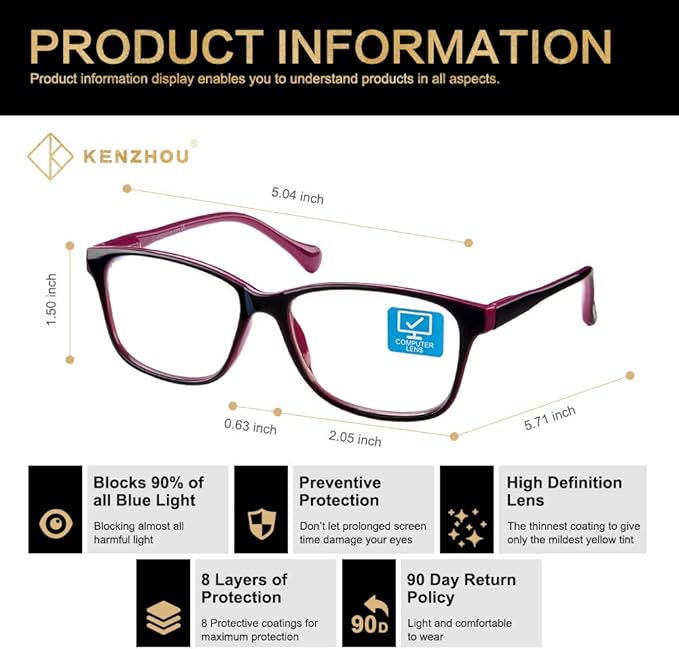 K KENZHOU Blue Light Glasses for Woman Men Bluelight Blocking Glasses for Computer Gaming Phones,Anti Eye Strain & UV Glare