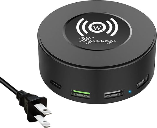 75W 6-Port Desktop Charging Station With Wireless Charger - Type-C, Quick Charge 3.0, 4 USB Ports - Multi Charger Hub for Smartphones and More (Black)