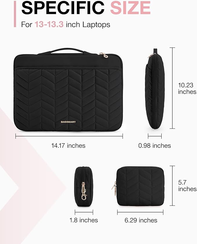 BAGSMART Laptop Case with Handle, Puffy Padded Laptop Bag Sleeve for Women, Portable MacBook Air/Pro Computer Case, 13-14 inch, Black