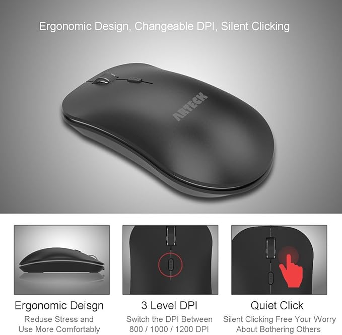 Arteck 2.4G Wireless Keyboard and Mouse Combo Ultra Compact Slim Stainless Full Size Keyboard and Ergonomic Mouse for Computer/Desktop/PC/Laptop and Windows 10/8/7 Build in Rechargeable Battery