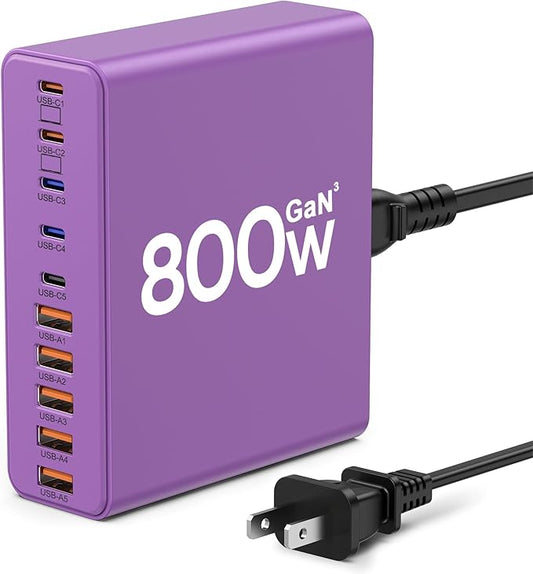 800W USB C Charger Block,10-Port Charging Station GaN Fast Charging Type C & USB A Wall Charger Adapter for MacBook Pro/Air,iPhone,iPad,Dell XPS,Samsung Galaxy(Purple)