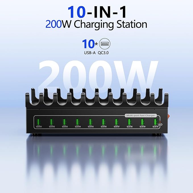 200W USB Charging Station for Multiple Devices, 10 Ports USB Fast Charger Station,Desktop Multi Charging Station Hub Compatible with Samsung/iPhone/iPad/Google Pixel/Tablets and Other USB Electronics