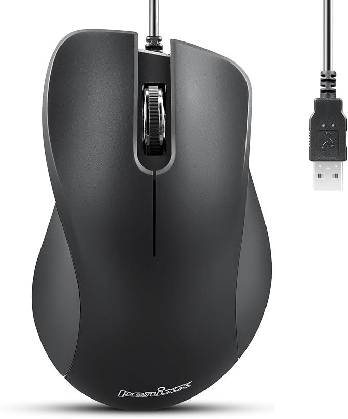 Perixx PERIMICE-221U Wired Ergonomic USB Mouse - 4.9 Ft Cable - Optical 1000 DPI Design - Black?€??€?