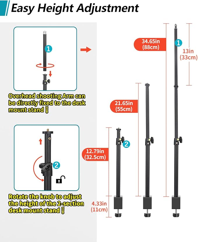 Overhead Camera Mount Desk Stand, Camera Arm Desk Mount Clamp Stand with 360??Adjustable Magic Arm, Webcam Arm Mount Stand w Ballhead Phone Mount for Desk Logitech Microphone Video Light Cell Phone - Image 5