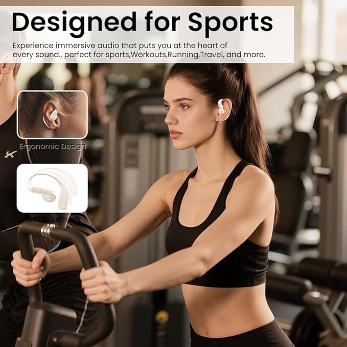 Open Ear Bluetooth 5.3 Earbuds, Wireless Headphones Sport Over Earphones Built-in Mic with Ear Hooks, 58H Playtime Ear Buds Fast Charging, IPX7 Waterproof for Running/Workout-Off White