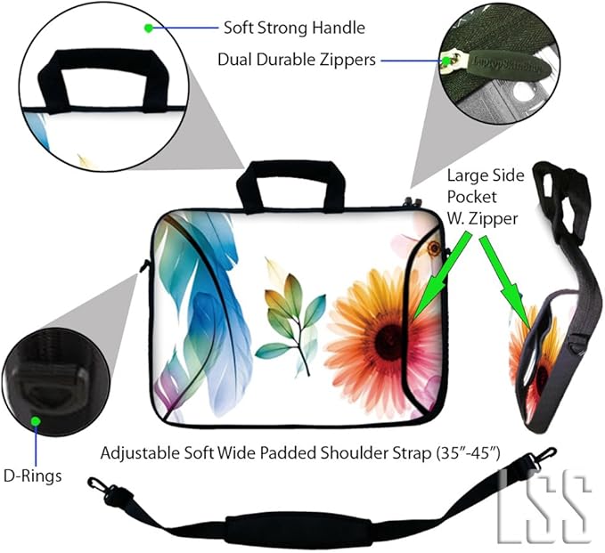LSS 17 17.3 inch Laptop Sleeve Bag Compatible with Acer, Asus, HP, Sony, and More | Carrying Case Pouch w/Handle & Adjustable Shoulder Strap,Daisy Flower Leaves Floral