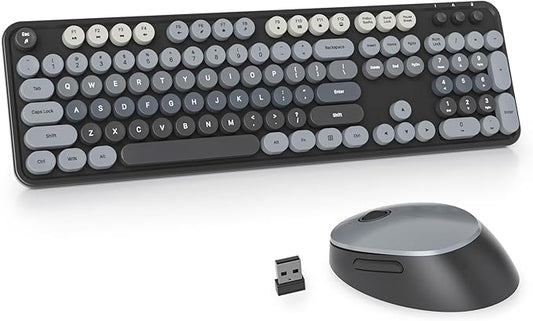 Owpkeenthy Retro Keyboard and Mouse Wireless, Cute Black Keyboard with Retro Typewriter Style Full-Sized with Number Pad Round Keys for Desktop, Laptop and Computerr (Gradient Dark)