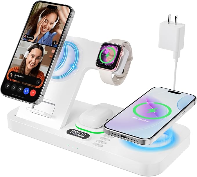 Dual Phone Magnetic Wireless Charging Station for Apple Devices/Apple Ecosystem,with Auto-Switch 7-Color Light & Clock, Compatible with iPhone 17/16/15, for iWatch 11/10/9 & AirPods Pro3（White
