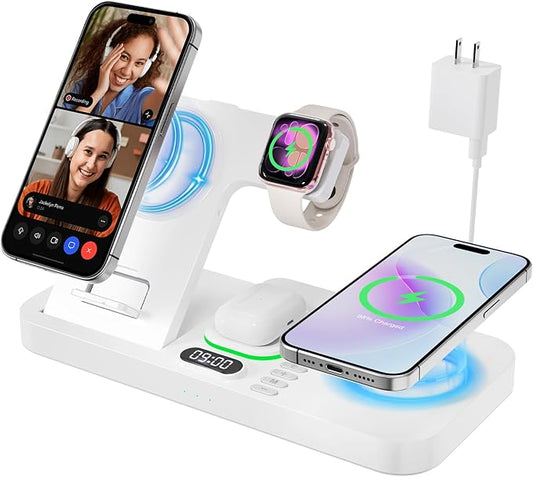 Dual Phone Magnetic Wireless Charging Station for Apple Devices/Apple Ecosystem,with Auto-Switch 7-Color Light & Clock, Compatible with iPhone 17/16/15, for iWatch 11/10/9 & AirPods Pro3（White