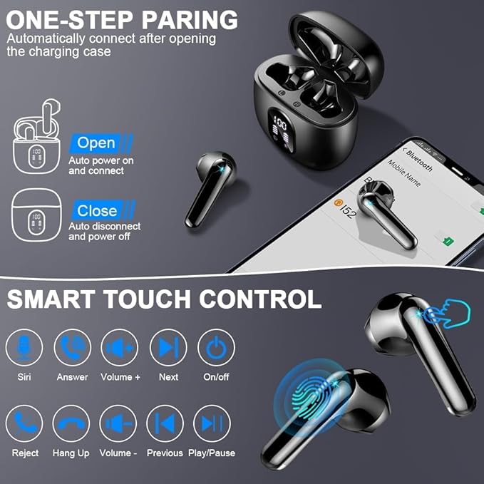 Wireless Earbuds, Bluetooth 5.3 Headphones in Ear 50H Playback Hi-Fi Stereo Ear Buds 4 ENC Mics, Bluetooth Earbud LED Display Charging Case 2024 Wireless Earphones IP7 Waterproof Sport for Android iOS