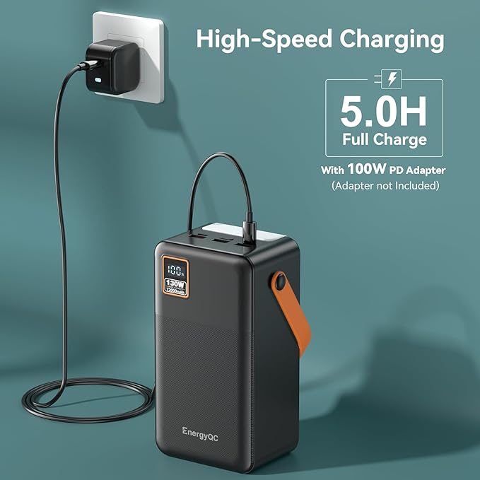 EnergyQC Power Bank 72000mAh Power Station, 130W Fast Charging, Portable Outdoor Generator with Smart Digital Display, Retractable Lighting - Perfect for Travel, Camping, Home Backup