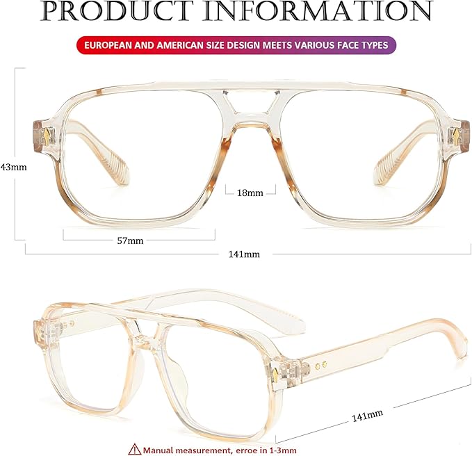 PORADAY Blue Light Blocking Glasses for Women Men 70s Retro Square Aviator Eyeglasses Rectangle Computer Eyewear
