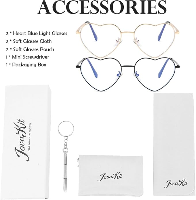 JOVAKIT Heart Shaped Blue Light Blocking Glasses for Women Fashion Vintage Lovely Style Metal Frame Eyeglasses