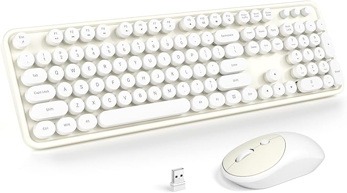 Wireless Keyboard and Mouse, Typewriter Full Size Keyboard with Number Pad and 2 in 1 USB Connected Mouse for Windows 7/8/10, Laptop, Desktop, PC, Computer (Off-White)