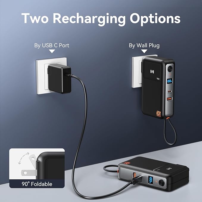 Selore&S-Global Portable Charger with Wall Plug & Power Bank with Dual Built-in Cable, 65W Fast Charging, for iPhone Laptop Samsung