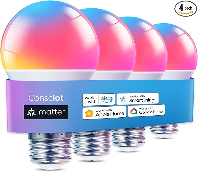 Consciot Smart Light Bulbs, A19 E26 Color Changing LED Bulbs, WiFi & Bluetooth, Matter-Certified, Works with Alexa, Google Home & Siri, No Hub Required, Music Sync, 800 Lumens 60W Equivalent, 4 Pack
