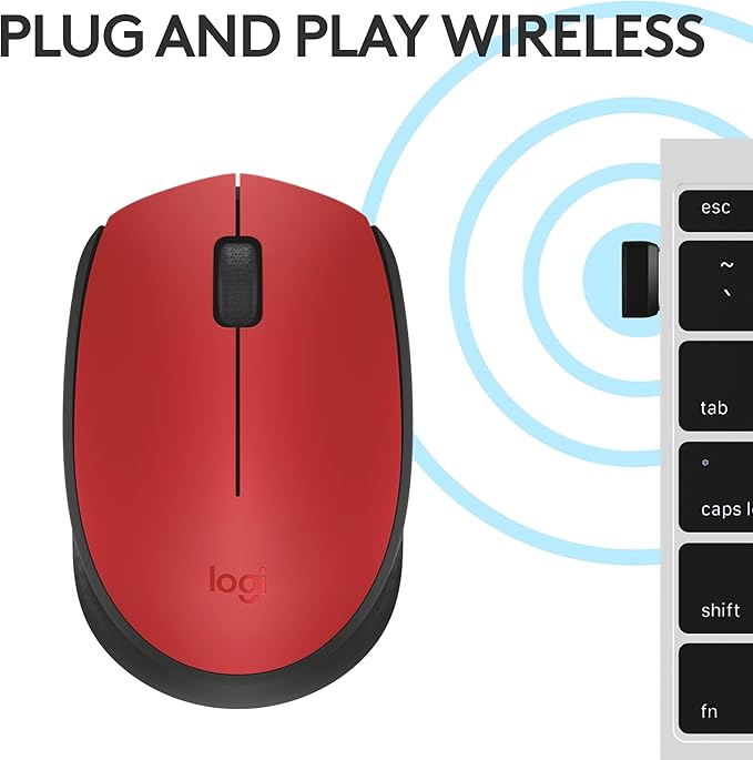 Logitech M170 Wireless Mouse for PC, Mac, Laptop, 2.4 GHz with USB Mini Receiver, Optical Tracking, 12-Months Battery Life, Ambidextrous - Red
