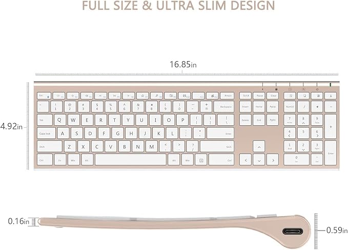 Wireless Keyboard and Mouse, Vssoplor Rechargeable Quiet Full-Size Keyboard and Mouse Combo Set Ultra Slim Design for Laptop, PC, Notebook, Desktop-White and Gold