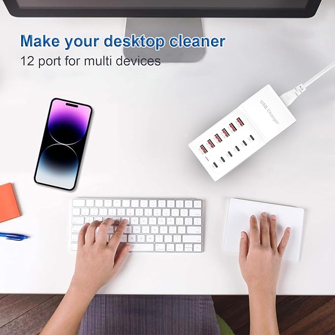 USB Charging Station, 12 Ports USB C Charger, 50W/10A MultiPort Charging Block[6 USBC+6 USBA], Compatible with iPhone 16/15/14/13/Samsung/Tablet/Watch/Headphones and Multiple Charger Plug