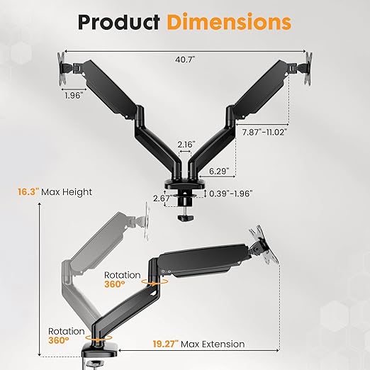 DUMOS 2Pcs Dual Monitor Mount for Desk, Gas Spring Monitor Arm for 2 Monitors Max 32 Inches, Fully Adjustable Double Monitor Mount, VESA Mount with C-Clamp/Grommet Base, Holds Screen 17.6 lbs