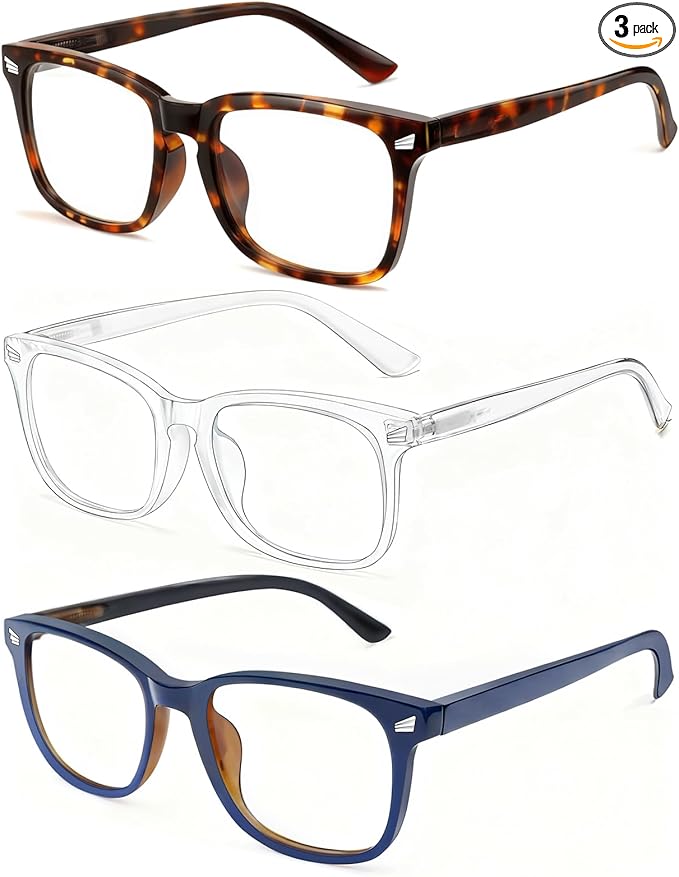 Blue Light Glasses for Woman Men | 99% Blue Light Blocking Glasses | Computer Glassess | Gaming | TV Phone Screen Reader Square Frame | Anti Eyestrain & UV Glare,3 Pack