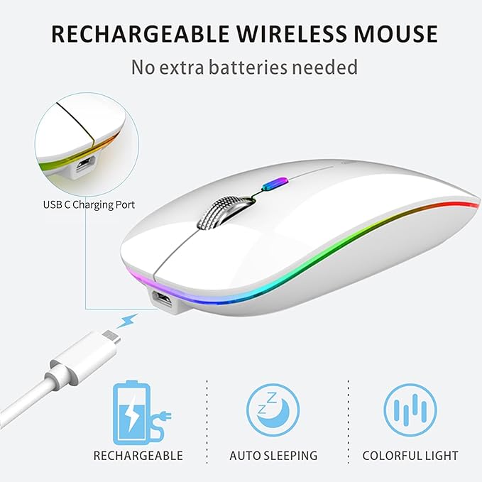 Uiosmuph LED Wireless Mouse, G12 Slim Rechargeable Silent Mouse, 2.4G Portable USB Optical Wireless Computer Mice with USB Receiver and Type C Adapter (White)