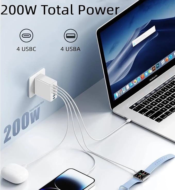 USB C Fast Charger Block, 200W GaN 8 Port PD USB C Wall Charging Station Hub, Type C Power Adapter Plug Cube Brick Box for Apple iPhone 17 16 15 14 13 12 Pro Max,iPad, MacBook Pro/Air/, Samsung Galaxy