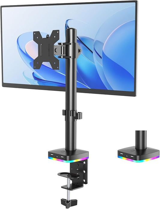 Afaloona RGB Single Monitor Desk Mount, Monitor Arm with 3 USB Ports, Charging and USB Data Transfer Function, Desk Mount for 13"-27" Monitors up to 17.6lbs, Adjustable Height, Tilt, Swivel, Rotate
