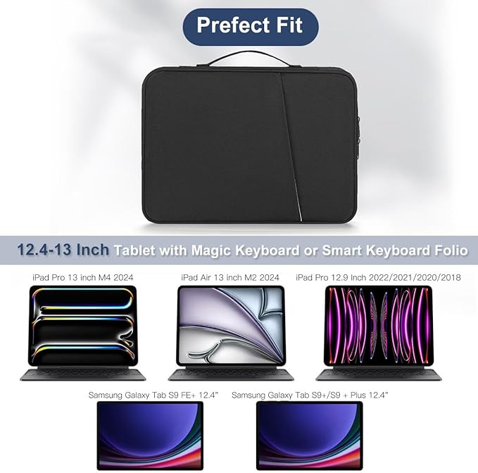 12-12.9 Inch Tablet Sleeve Bag for 12.4" Samsung Galaxy Tab S10+ S9+ Plus/S8+/S7+ Plus/S7 FE,13" iPad Air M4 M3 M2/iPad Pro M5 M4/Pro 12.9"/Microsoft Surface Go 2 12.4"/Pro 11 10 Carrying Case-Black