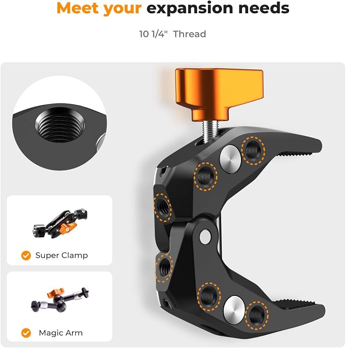 K&F CONCEPT Camera Mount Clamp, Super Crab Clamp with 1/4" Thread Holes, 60mm Max Opening for Round Pipe Flat Surface, Monitors, LED Lights, and Other Photographic Accessories - Image 3