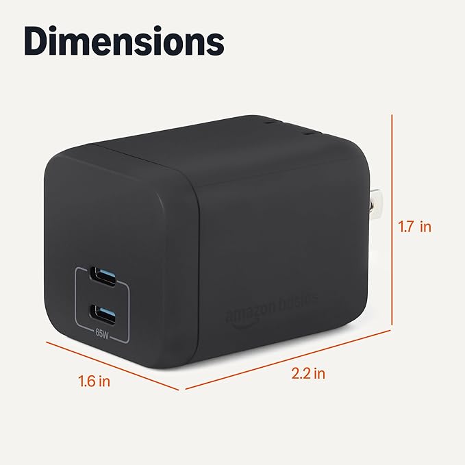 Amazon Basics Fast Charging USB C Nano GaN Wall Charger, 65W 2-Port for Laptops, Tablets, Phones, Black