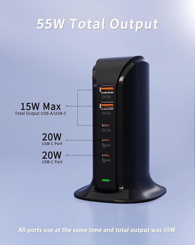 USB C Charging Station for Multiple Devices,55W Multiport USB Tower Charger,5 Port USB C Wall Charger Block for iPhone,iPad,Samsung (Black)