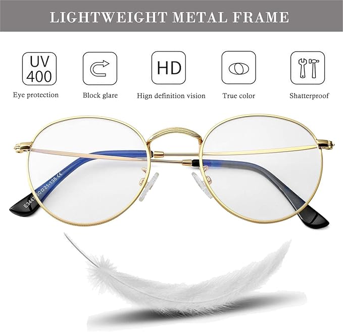 HJSTES Round Blue Light Glasses for Women Men Retro Circle Clear Lens Metal Frame Eyeglasses