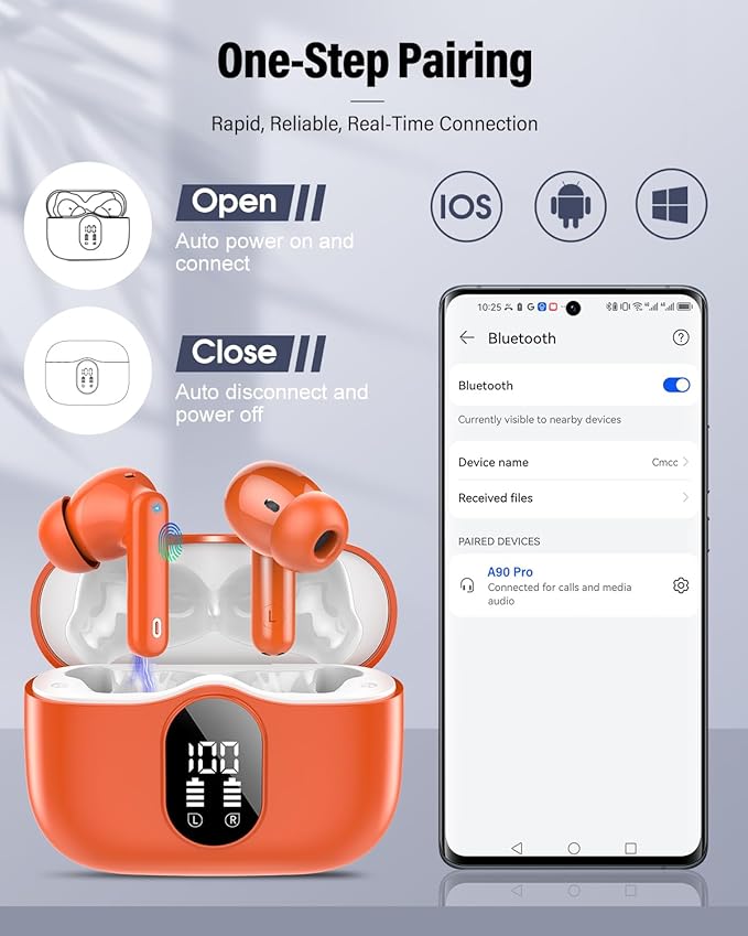 Wireless Earbuds, Bluetooth 5.4 Headphones Bass Stereo, Ear Buds with Noise Cancelling Mic, IP7 Waterproof in Ear Earphones, 36H LED Display Bluetooth Earbuds for Laptop Pad Phones, Deep Orange