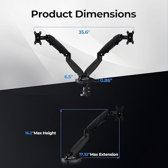 Dual Monitor Arm Stand - Holds 2 Computer Screens up to 32 Inches & 20 lbs Each, Pneumatic Height Adjustable Desk Mount with Articulating Swivel Arms, Full Motion VESA Bracket