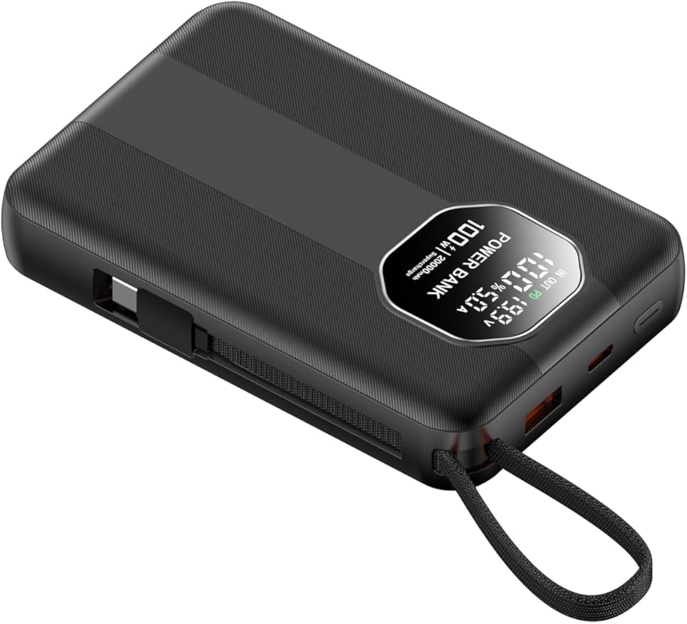 Portable Charger 100W Laptop Power Bank 20000mAh with Built-in USB-C Cable, USB-C Input/Output Battery Pack for Laptops, MacBook, Smartphones, Tablets