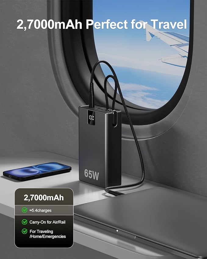 65W Power Bank 27000mAh TSA Approved, USB C Metal Laptop Charger Built-in Cable|Total 130W 3 Ports Fast Charging for MacBook,Steam Deck,iPad Pro|Airplane Safe Battery Pack for Travel,College Students